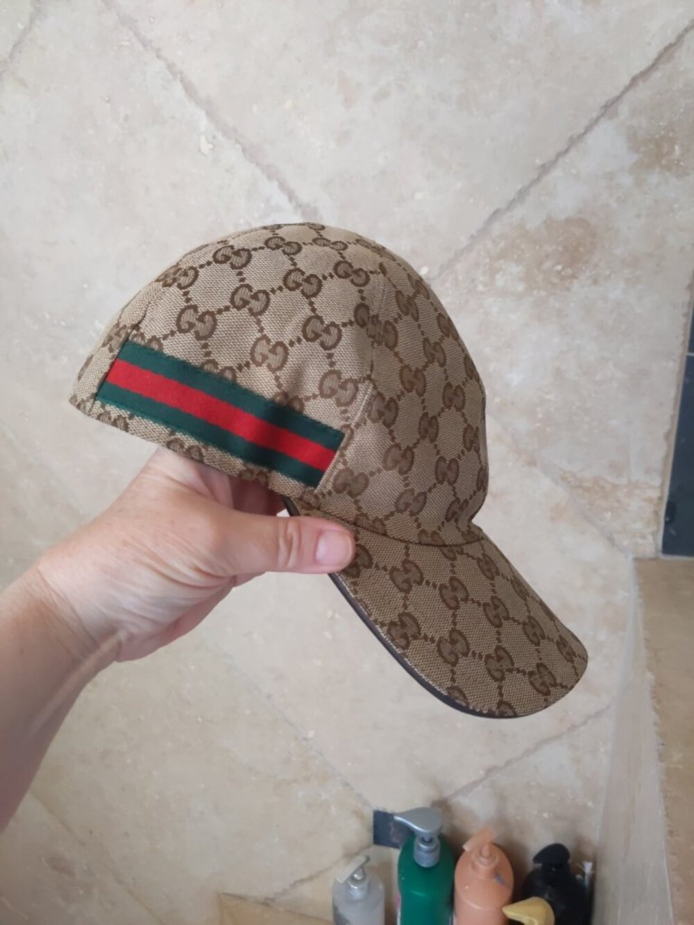 Gucci GG Logo Baseball Cap Beige Brown Striped Green Red Women - Picture 3 of 6